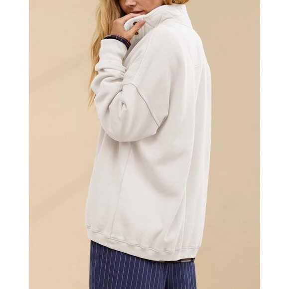 Women's White Oversized Casual Long Sleeve Button Henley Neck Pullover Sweatshir - Picture 3 of 6